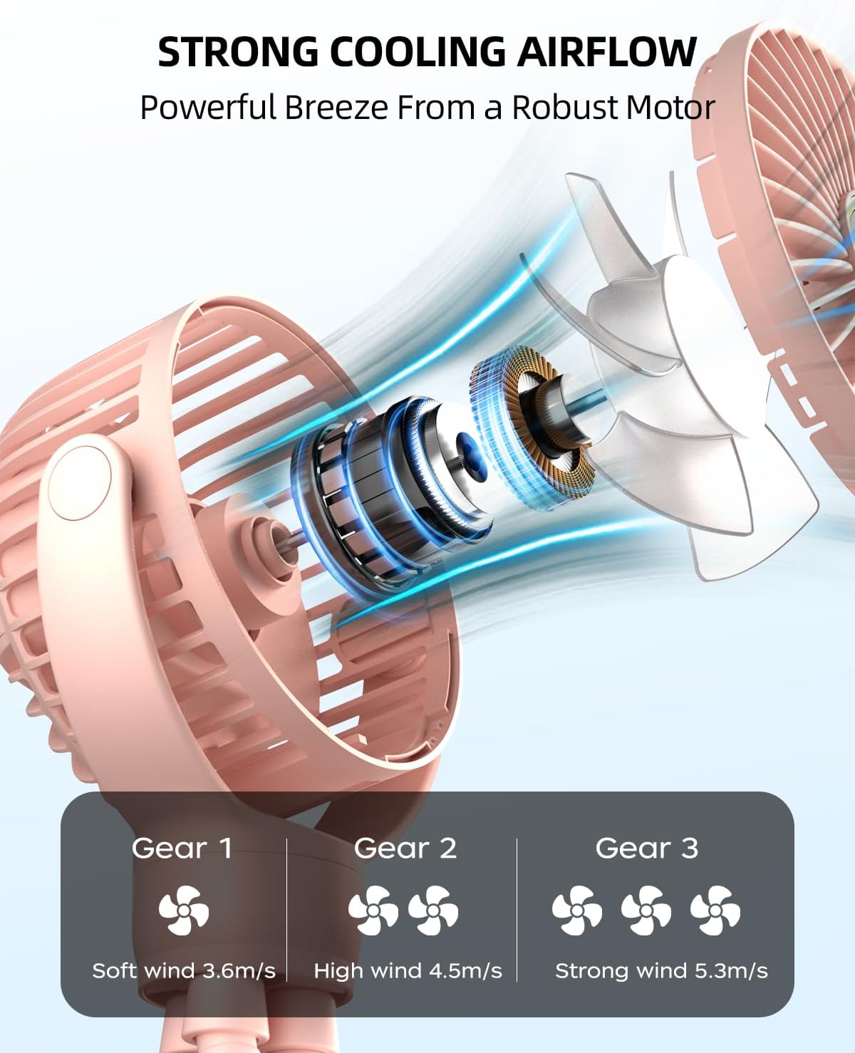 Portable Stroller Mini Fan, Small Rechargeable Personal Fan, Travel Essentials for Baby, Wagon, Car Seat, Treadmill, Battery Powered Biking Gear Accessories, 360° Rotation, 3-Speed, Display, Pink