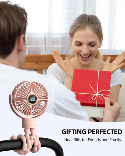 Portable Stroller Mini Fan, Small Rechargeable Personal Fan, Travel Essentials for Baby, Wagon, Car Seat, Treadmill, Battery Powered Biking Gear Accessories, 360° Rotation, 3-Speed, Display, Pink