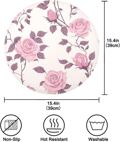 Floral Pattern Rose Peach Decorative Spring placemats Round for Linen placemats Heat Resistant Waterproof individuales para comedor 15.4x15.4in Set of 6