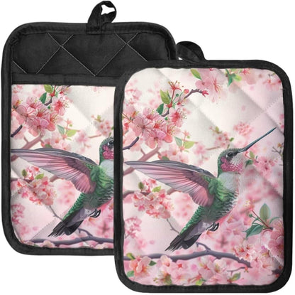 Hummingbird Pot Holders Non Slip Hot Pads Cherry Blossoms Cotton Potholders with Pocket Kitchen Heat Resistant Gloves Oven Mitts for Cooking Baking 2 Piece