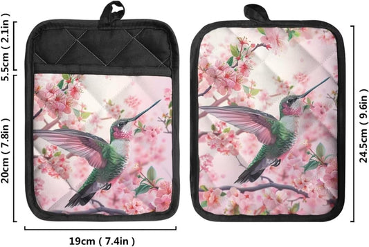 Hummingbird Pot Holders Non Slip Hot Pads Cherry Blossoms Cotton Potholders with Pocket Kitchen Heat Resistant Gloves Oven Mitts for Cooking Baking 2 Piece