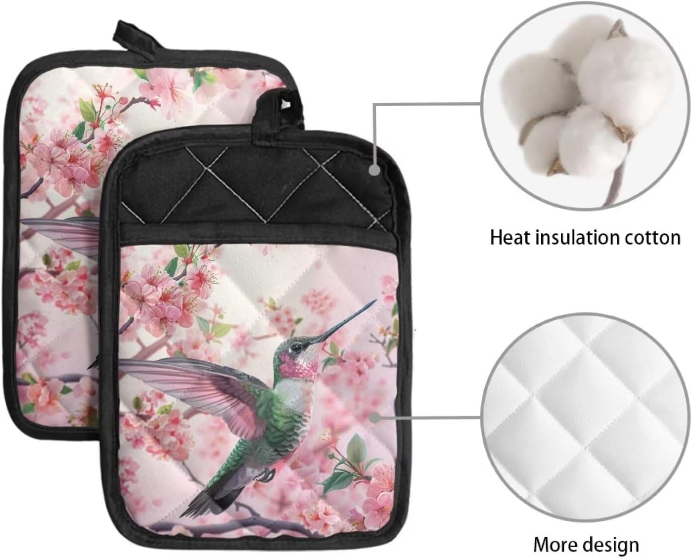 Hummingbird Pot Holders Non Slip Hot Pads Cherry Blossoms Cotton Potholders with Pocket Kitchen Heat Resistant Gloves Oven Mitts for Cooking Baking 2 Piece