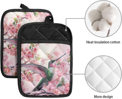 Hummingbird Pot Holders Non Slip Hot Pads Cherry Blossoms Cotton Potholders with Pocket Kitchen Heat Resistant Gloves Oven Mitts for Cooking Baking 2 Piece