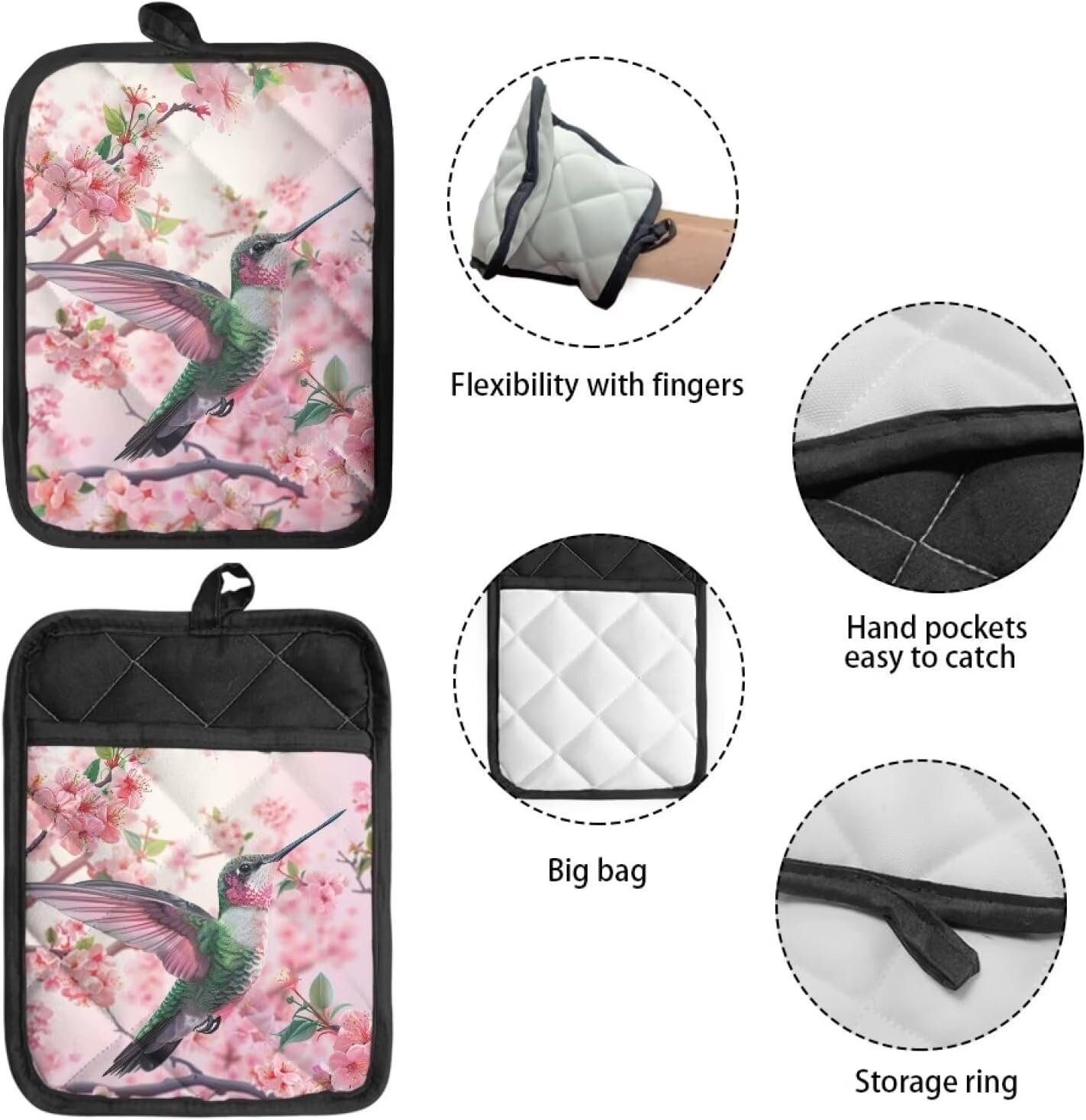 Hummingbird Pot Holders Non Slip Hot Pads Cherry Blossoms Cotton Potholders with Pocket Kitchen Heat Resistant Gloves Oven Mitts for Cooking Baking 2 Piece