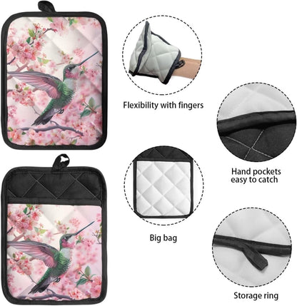 Hummingbird Pot Holders Non Slip Hot Pads Cherry Blossoms Cotton Potholders with Pocket Kitchen Heat Resistant Gloves Oven Mitts for Cooking Baking 2 Piece