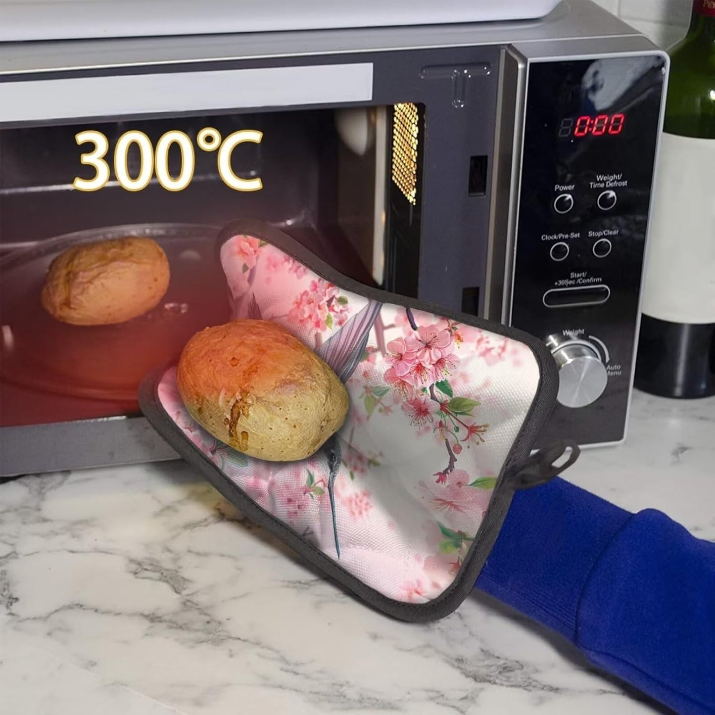 Hummingbird Pot Holders Non Slip Hot Pads Cherry Blossoms Cotton Potholders with Pocket Kitchen Heat Resistant Gloves Oven Mitts for Cooking Baking 2 Piece