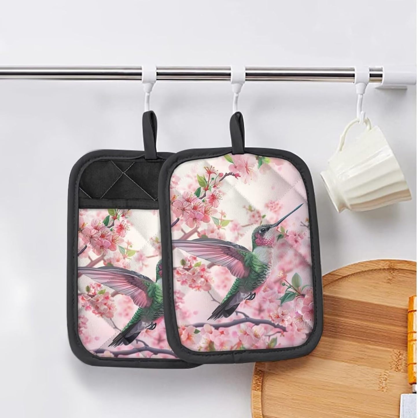 Hummingbird Pot Holders Non Slip Hot Pads Cherry Blossoms Cotton Potholders with Pocket Kitchen Heat Resistant Gloves Oven Mitts for Cooking Baking 2 Piece