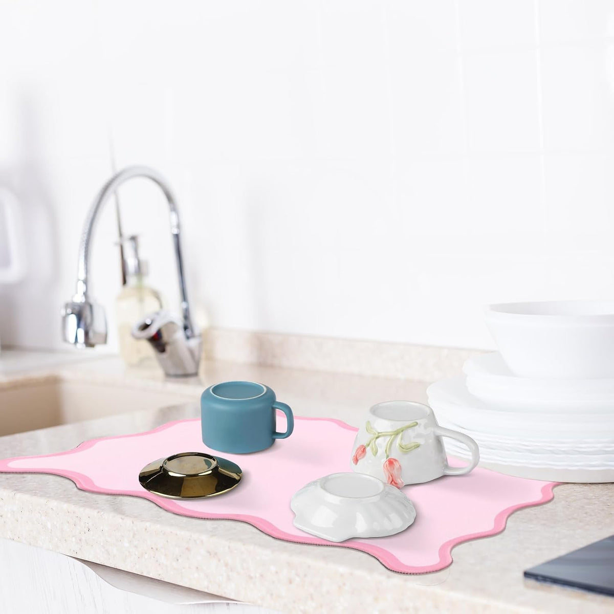 Pink Scalloped Coffee Mat 12" x 19" Coffee Bar Accessories
