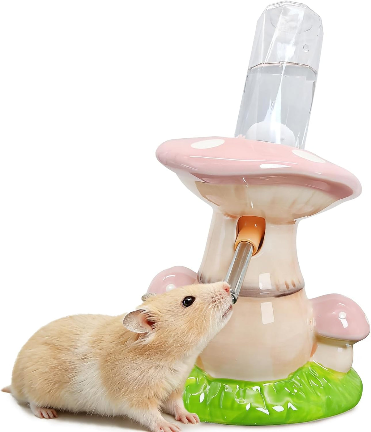 Hamster Water Bottle No Drip Ceramic Hamster Water Bottle for Glass Tank - 80ML Water Dispenser with Mushroom Stand Holder for Syrian Hamsters, Dwarf Hamsters, Mice, Gerbils (Pink)