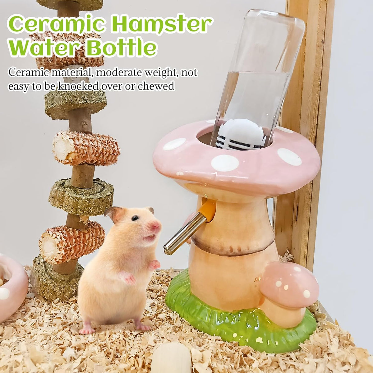 Hamster Water Bottle No Drip Ceramic Hamster Water Bottle for Glass Tank - 80ML Water Dispenser with Mushroom Stand Holder for Syrian Hamsters, Dwarf Hamsters, Mice, Gerbils (Pink)