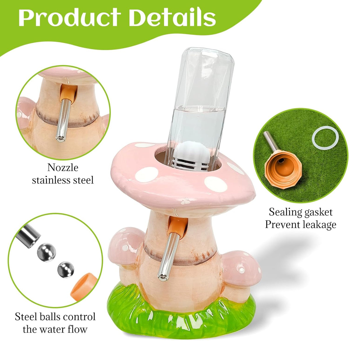 Hamster Water Bottle No Drip Ceramic Hamster Water Bottle for Glass Tank - 80ML Water Dispenser with Mushroom Stand Holder for Syrian Hamsters, Dwarf Hamsters, Mice, Gerbils (Pink)