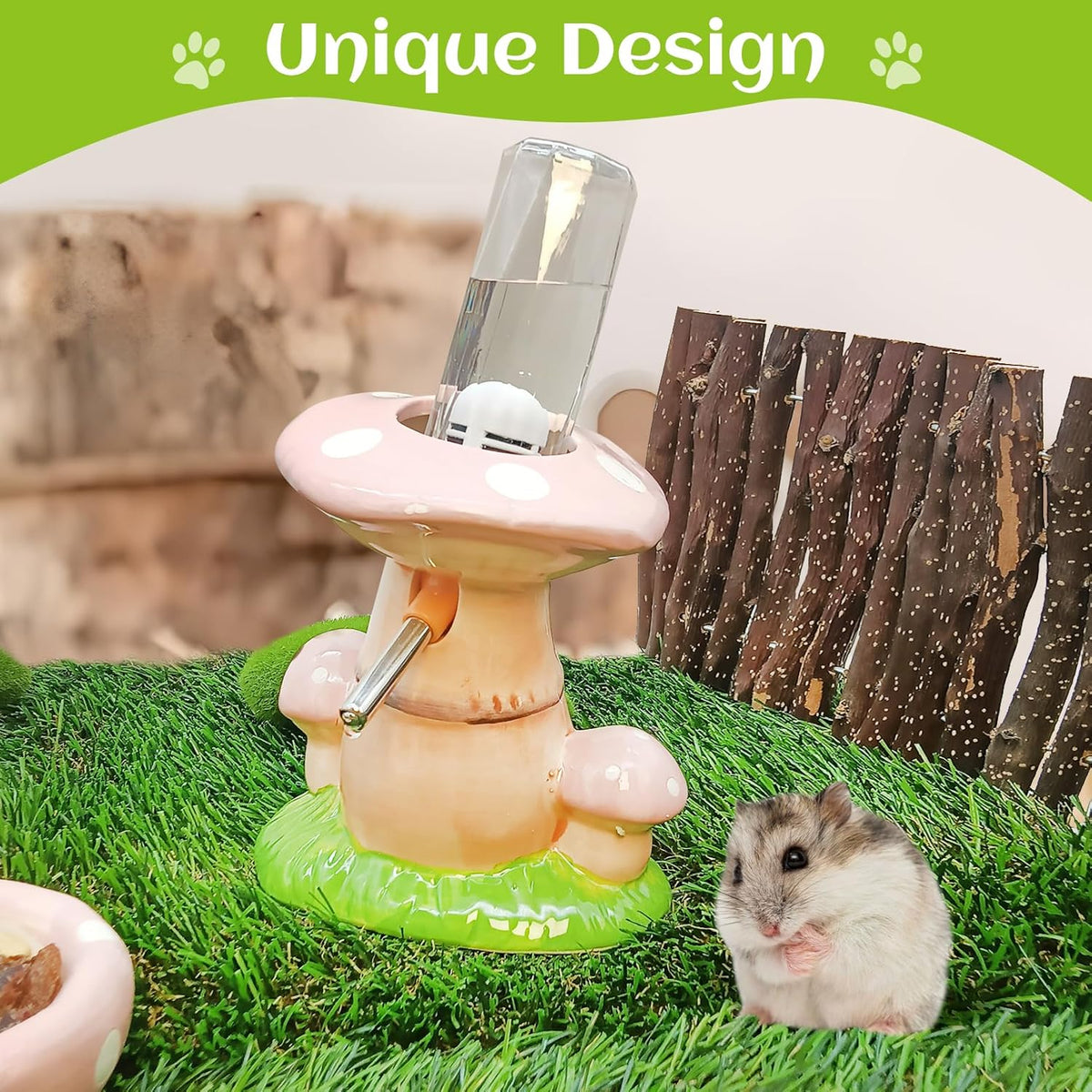 Hamster Water Bottle No Drip Ceramic Hamster Water Bottle for Glass Tank - 80ML Water Dispenser with Mushroom Stand Holder for Syrian Hamsters, Dwarf Hamsters, Mice, Gerbils (Pink)