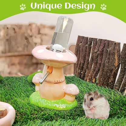 Hamster Water Bottle No Drip Ceramic Hamster Water Bottle for Glass Tank - 80ML Water Dispenser with Mushroom Stand Holder for Syrian Hamsters, Dwarf Hamsters, Mice, Gerbils (Pink)