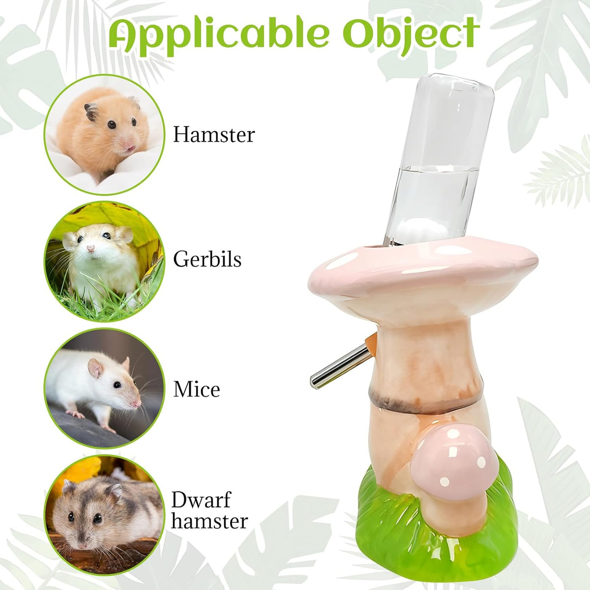 Hamster Water Bottle No Drip Ceramic Hamster Water Bottle for Glass Tank - 80ML Water Dispenser with Mushroom Stand Holder for Syrian Hamsters, Dwarf Hamsters, Mice, Gerbils (Pink)