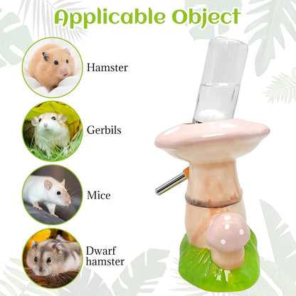Hamster Water Bottle No Drip Ceramic Hamster Water Bottle for Glass Tank - 80ML Water Dispenser with Mushroom Stand Holder for Syrian Hamsters, Dwarf Hamsters, Mice, Gerbils (Pink)