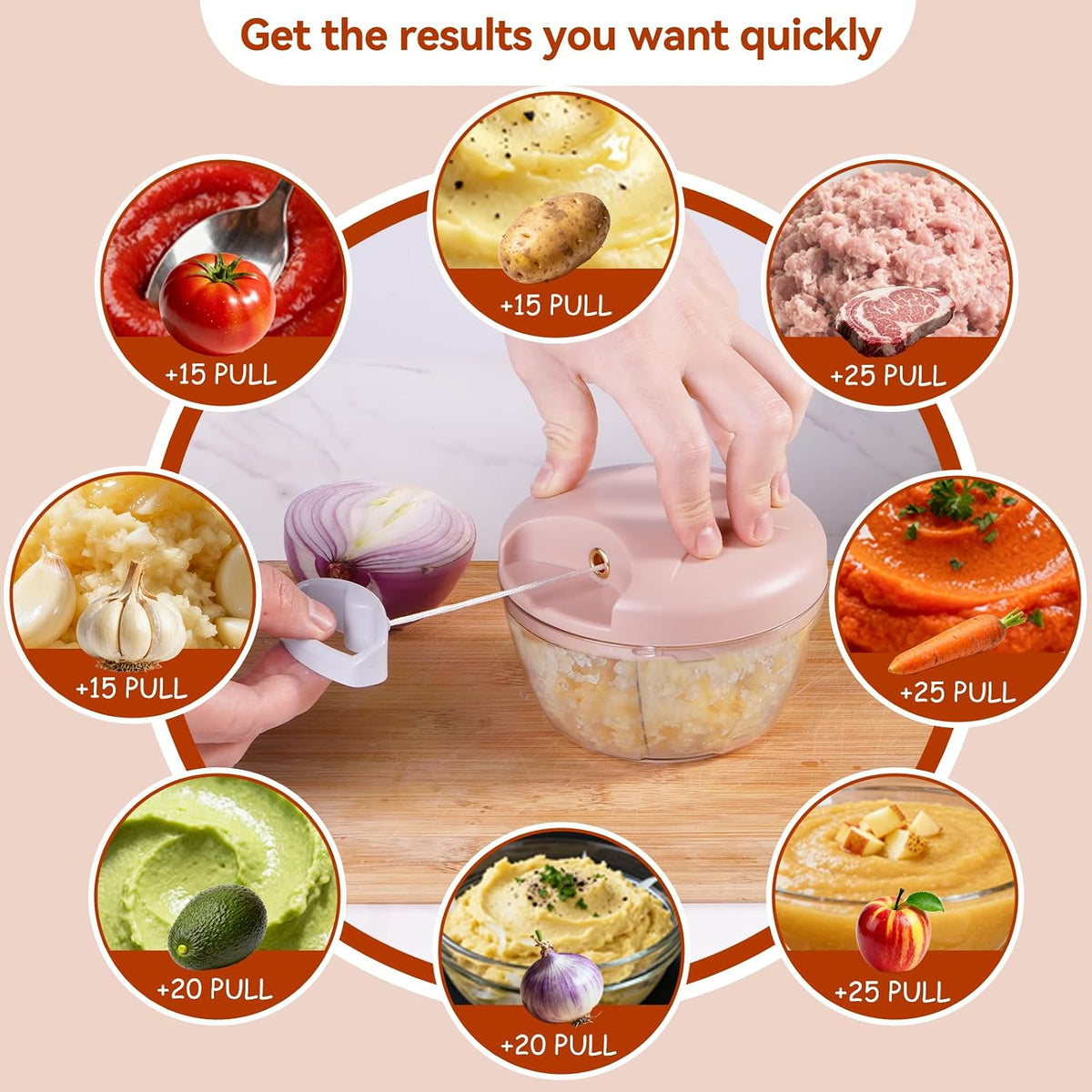 ‌Manual Food Processor Vegetable Chopper, Portable Hand Pull String Garlic Mincer Onion Cutter for Veggies, Suitable for Vegetables, Ginger, Garlic, Fruits, Onion, Potato, Salad (Pink 500 ml)‌