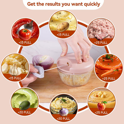 ‌Manual Food Processor Vegetable Chopper, Portable Hand Pull String Garlic Mincer Onion Cutter for Veggies, Suitable for Vegetables, Ginger, Garlic, Fruits, Onion, Potato, Salad (Pink 500 ml)‌