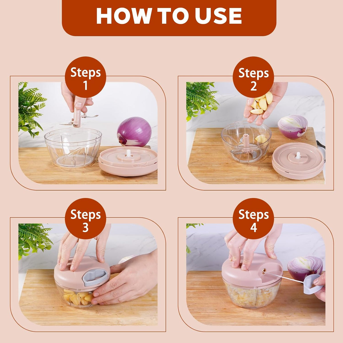 ‌Manual Food Processor Vegetable Chopper, Portable Hand Pull String Garlic Mincer Onion Cutter for Veggies, Suitable for Vegetables, Ginger, Garlic, Fruits, Onion, Potato, Salad (Pink 500 ml)‌