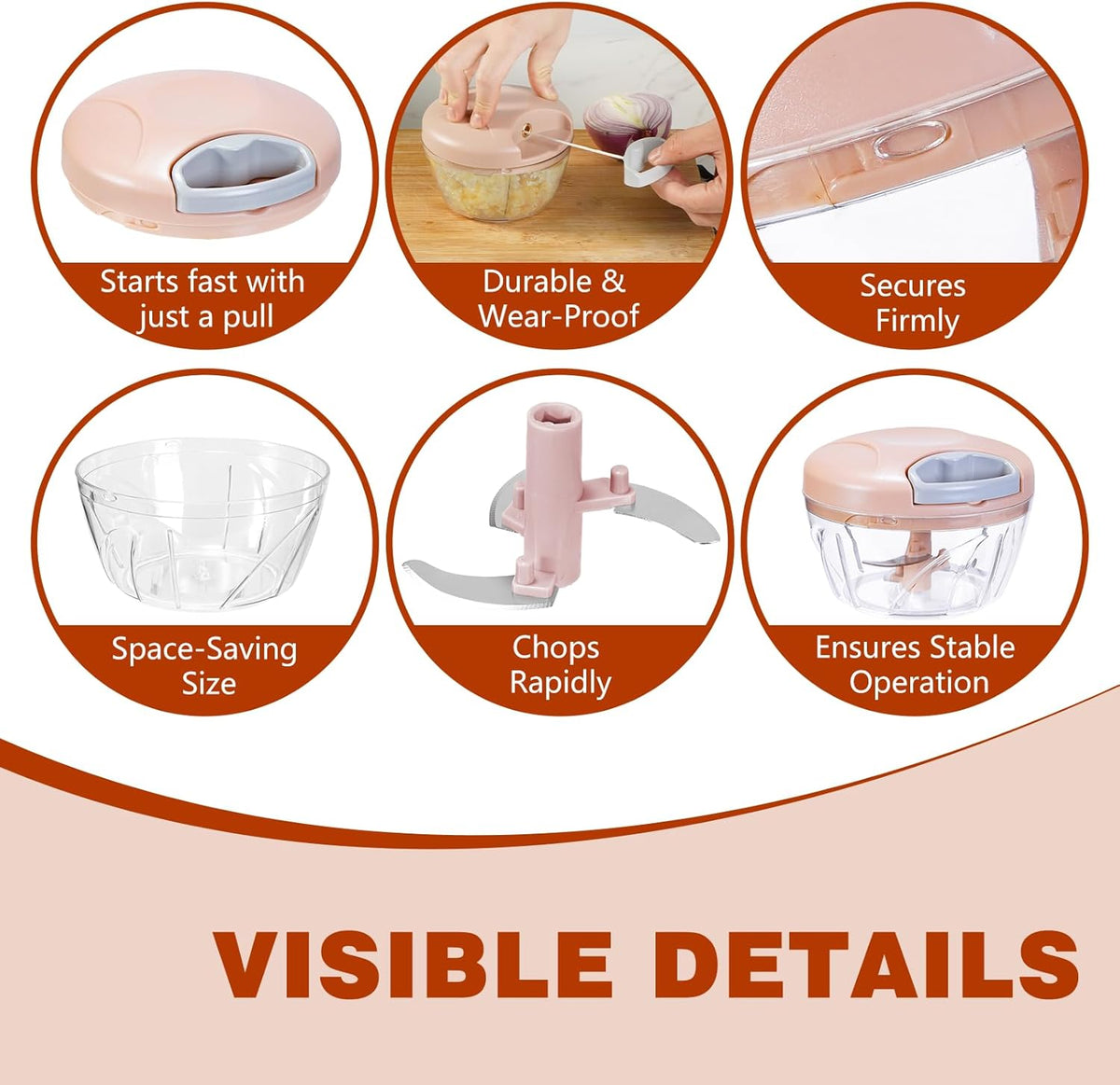 ‌Manual Food Processor Vegetable Chopper, Portable Hand Pull String Garlic Mincer Onion Cutter for Veggies, Suitable for Vegetables, Ginger, Garlic, Fruits, Onion, Potato, Salad (Pink 500 ml)‌