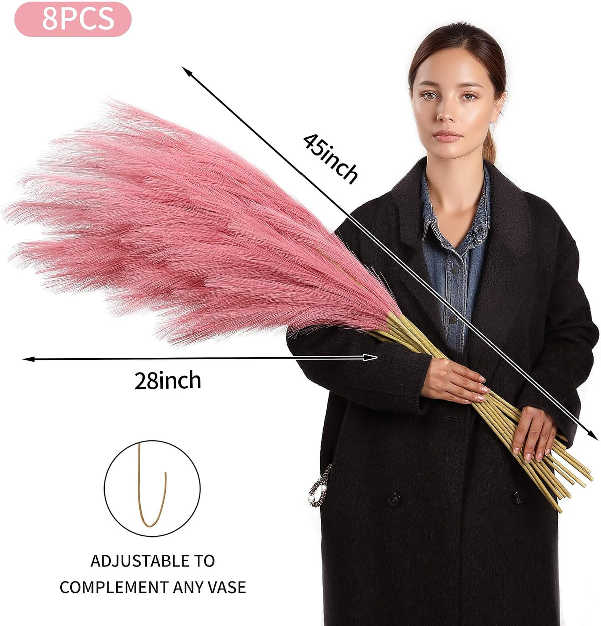 Dark Pink Pampas Grass, 8 Pcs 45 Inch Tall Large Faux Pompous