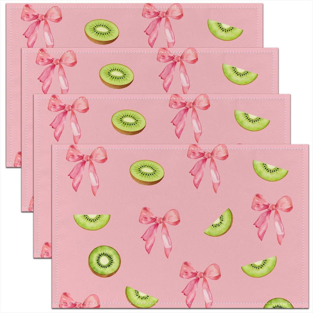 Pink Bow Placemats Set of 4 12x18 Inch Cute Coquette Bow Knot Table Mats for Party Kitchen Dining Decoration Holiday Seasonal Kiwifruit Themed Place Mat for Dinner Table Indoor Outdoor Non-Slip