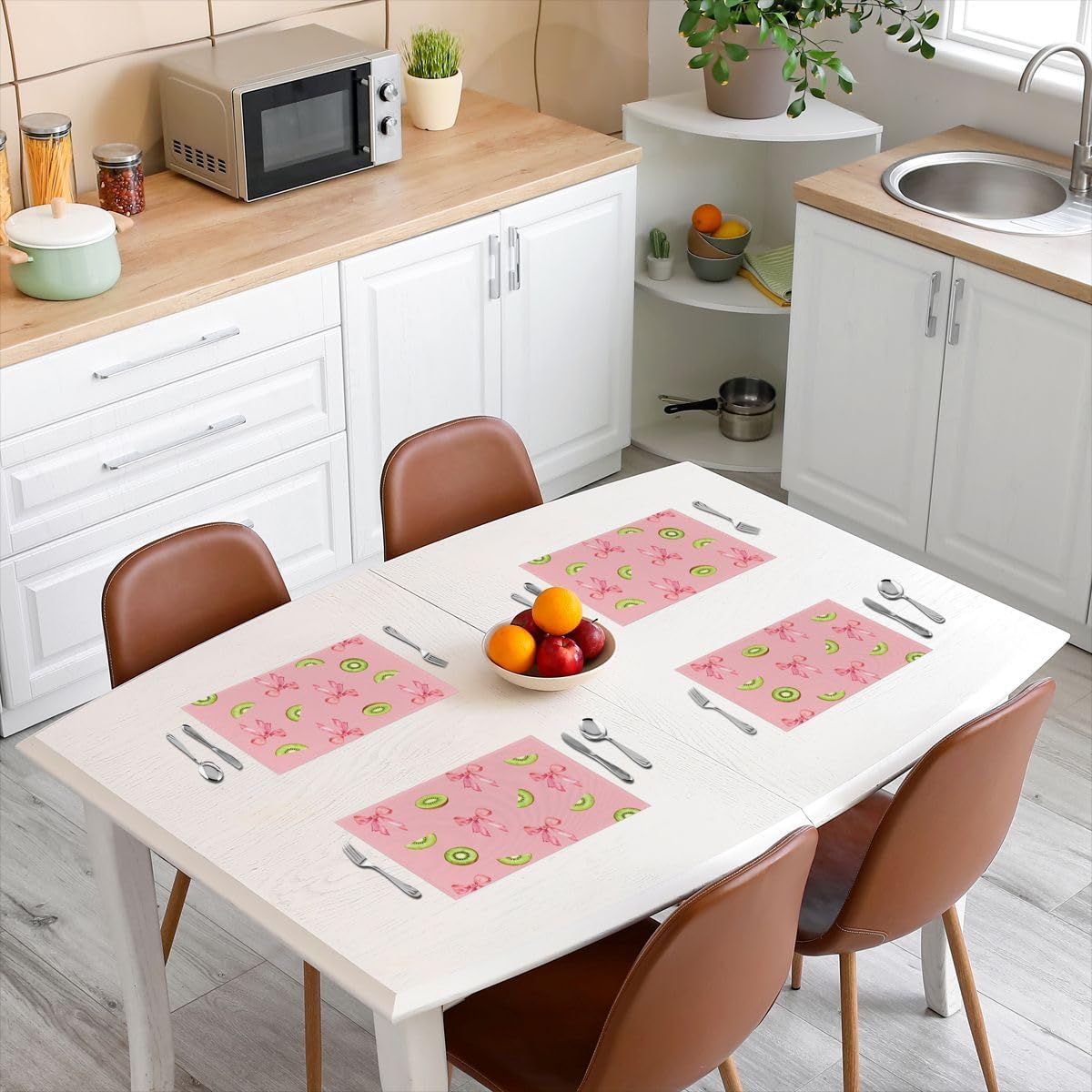 Pink Bow Placemats Set of 4 12x18 Inch Cute Coquette Bow Knot Table Mats for Party Kitchen Dining Decoration Holiday Seasonal Kiwifruit Themed Place Mat for Dinner Table Indoor Outdoor Non-Slip
