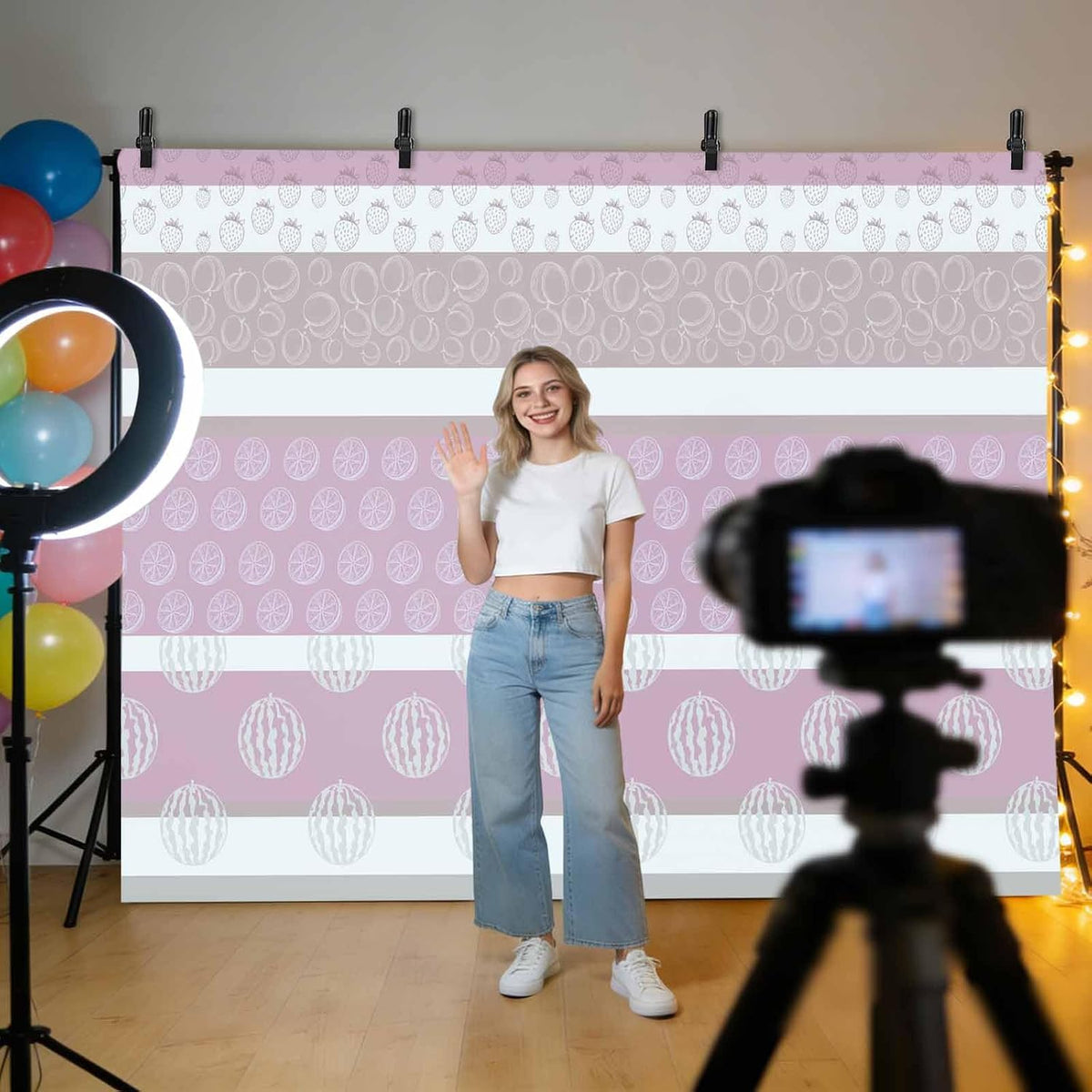 Farm Fruits Backdrop Background for Photography, Watermelon Lemons Peach Pink Grey Striped Photo Backdrop Curtains Fabric Backdrops for Photoshoot Birthday Baby Shower Wedding Party 12x8Ft