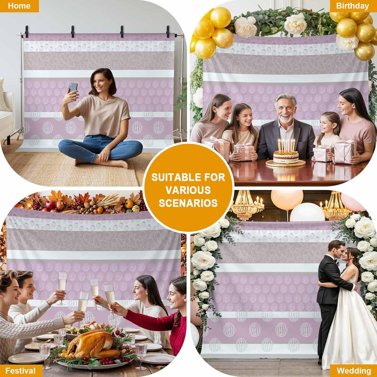Farm Fruits Backdrop Background for Photography, Watermelon Lemons Peach Pink Grey Striped Photo Backdrop Curtains Fabric Backdrops for Photoshoot Birthday Baby Shower Wedding Party 12x8Ft