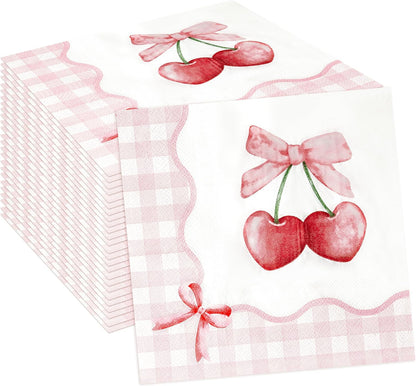 Coquette Pink Bow Paper Napkins - 48Pcs Bow Cherry Party Decoration Cute Paper Napkin Set Disposable Party Supplies Decor for Girls Bachelorette Bridal Engagement Birthday (6.3 Inches)