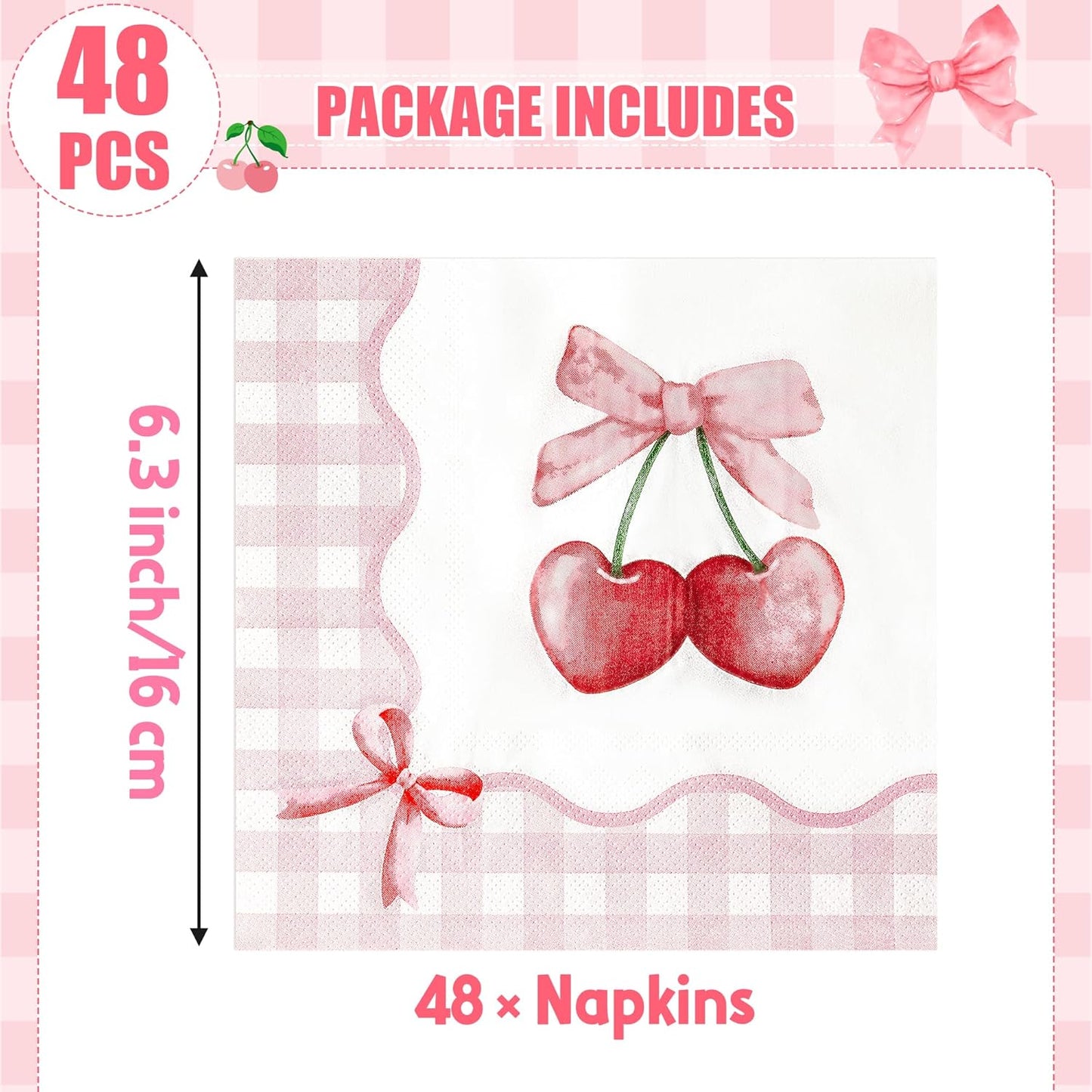 Coquette Pink Bow Paper Napkins - 48Pcs Bow Cherry Party Decoration Cute Paper Napkin Set Disposable Party Supplies Decor for Girls Bachelorette Bridal Engagement Birthday (6.3 Inches)