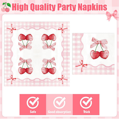 Coquette Pink Bow Paper Napkins - 48Pcs Bow Cherry Party Decoration Cute Paper Napkin Set Disposable Party Supplies Decor for Girls Bachelorette Bridal Engagement Birthday (6.3 Inches)