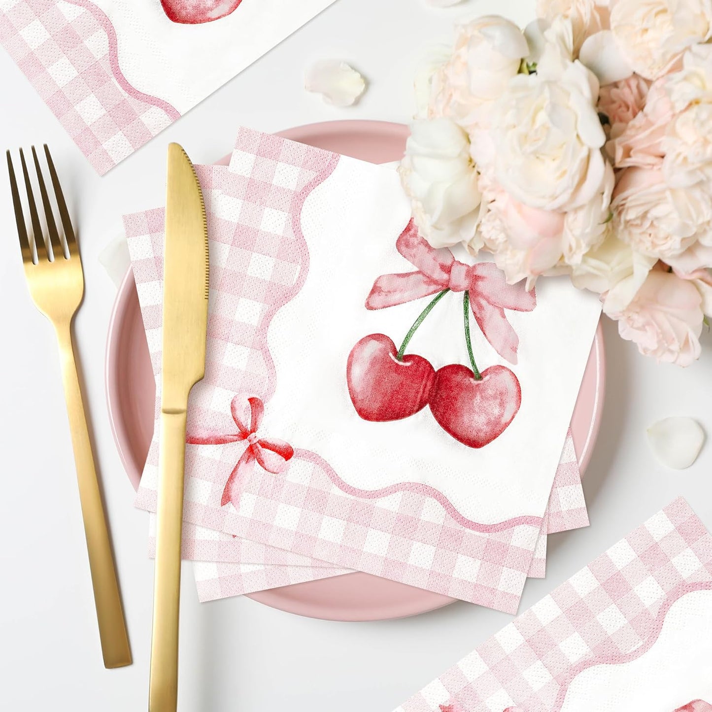 Coquette Pink Bow Paper Napkins - 48Pcs Bow Cherry Party Decoration Cute Paper Napkin Set Disposable Party Supplies Decor for Girls Bachelorette Bridal Engagement Birthday (6.3 Inches)