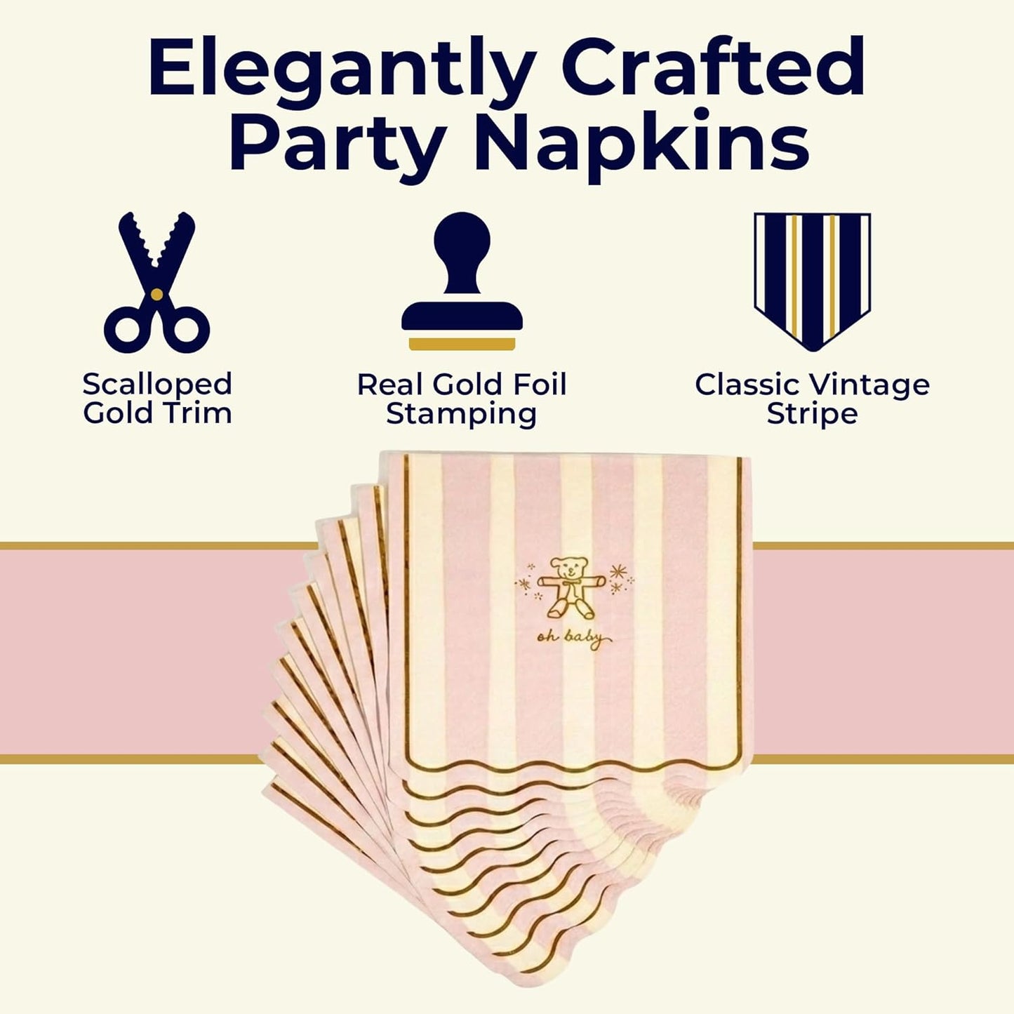 Baby Shower Scalloped Pink/White Stripe Cocktail Napkins – 5inch, 40pcs