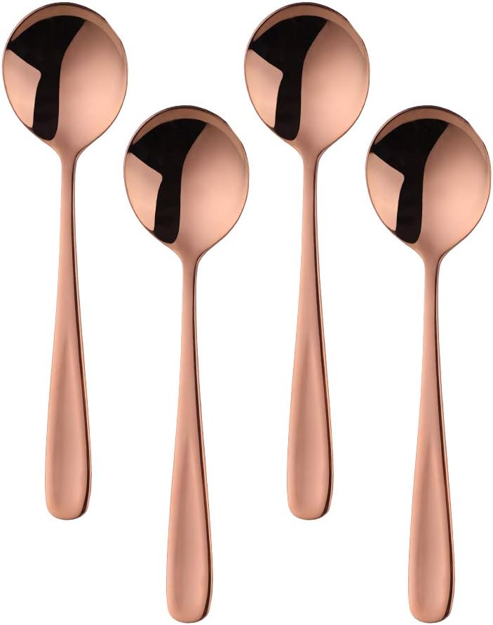 7-Inch Soup Spoons, Bouillon Spoon,18/10 Stainless Steel Finished Table Dinner Spoons Set of 4 (Rose Gold)