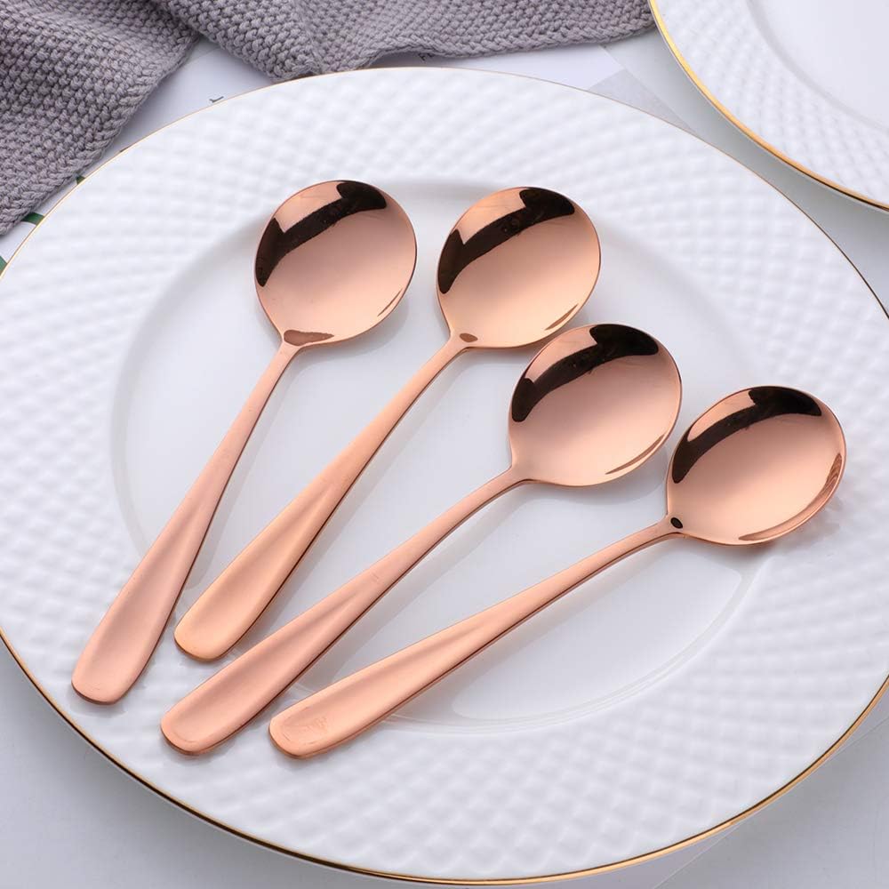 7-Inch Soup Spoons, Bouillon Spoon,18/10 Stainless Steel Finished Table Dinner Spoons Set of 4 (Rose Gold)