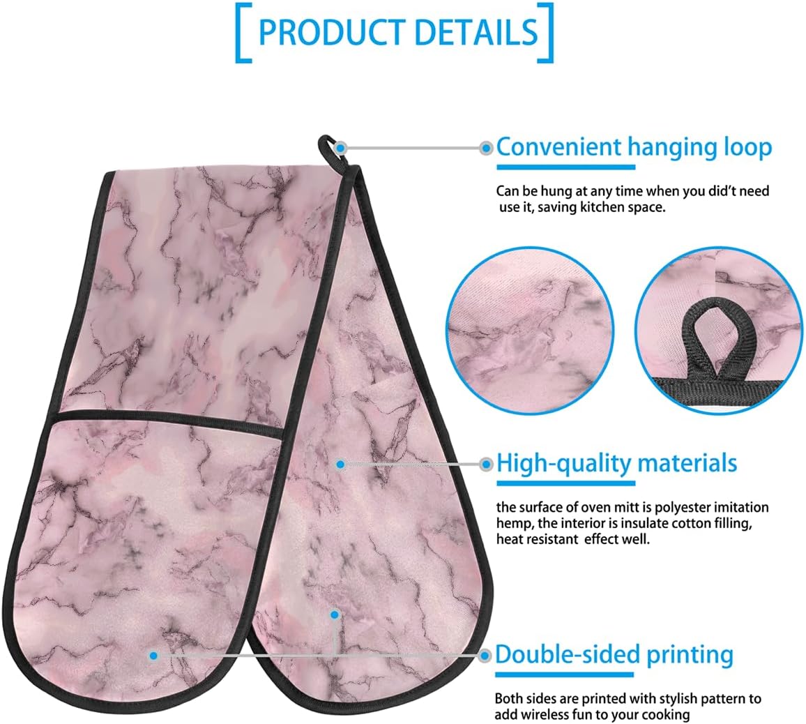 Double Oven Mitts Polyester 220°C/428°F Heat Resistant Oven Gloves with Loop BBQ Baking Cooking Kitchen, 35.4 * 7.5 in, Light Pink Marble Veins