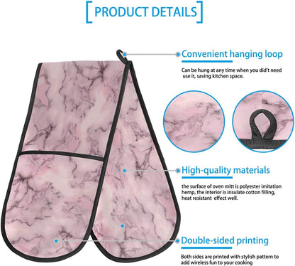 Double Oven Mitts Polyester 220°C/428°F Heat Resistant Oven Gloves with Loop BBQ Baking Cooking Kitchen, 35.4 * 7.5 in, Light Pink Marble Veins