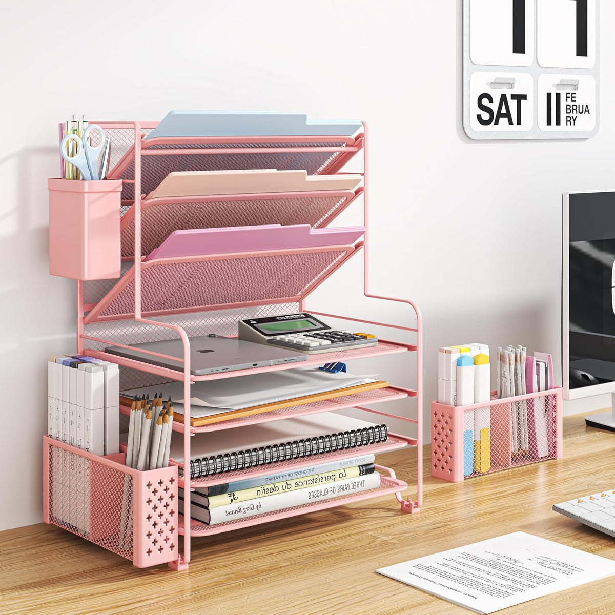 7 Tier Desk File Organizer, Letter Tray Paper Organizer with Pen Holder and Metal Hanging Basket, Pink