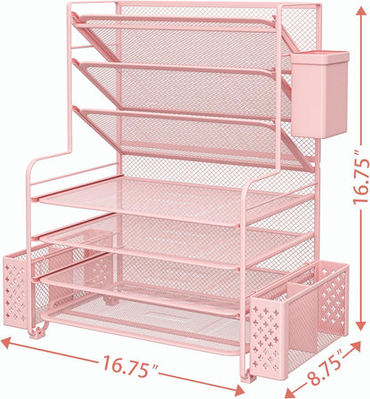 7 Tier Desk File Organizer, Letter Tray Paper Organizer with Pen Holder and Metal Hanging Basket, Pink