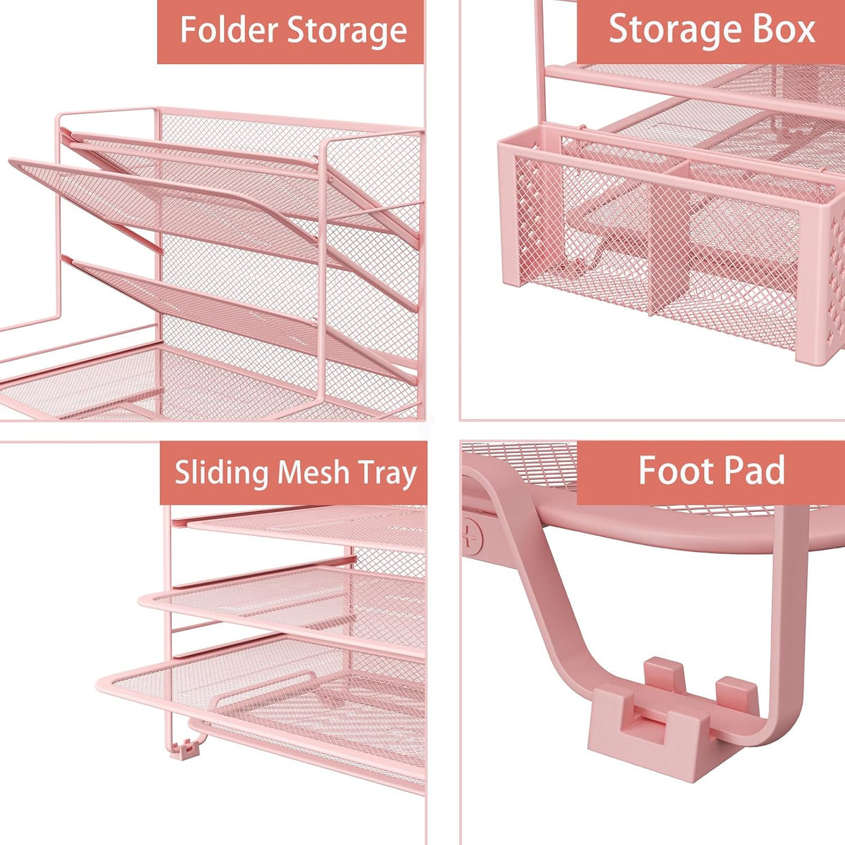 7 Tier Desk File Organizer, Letter Tray Paper Organizer with Pen Holder and Metal Hanging Basket, Pink
