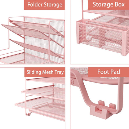 7 Tier Desk File Organizer, Letter Tray Paper Organizer with Pen Holder and Metal Hanging Basket, Pink