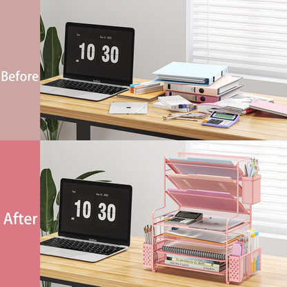 7 Tier Desk File Organizer, Letter Tray Paper Organizer with Pen Holder and Metal Hanging Basket, Pink