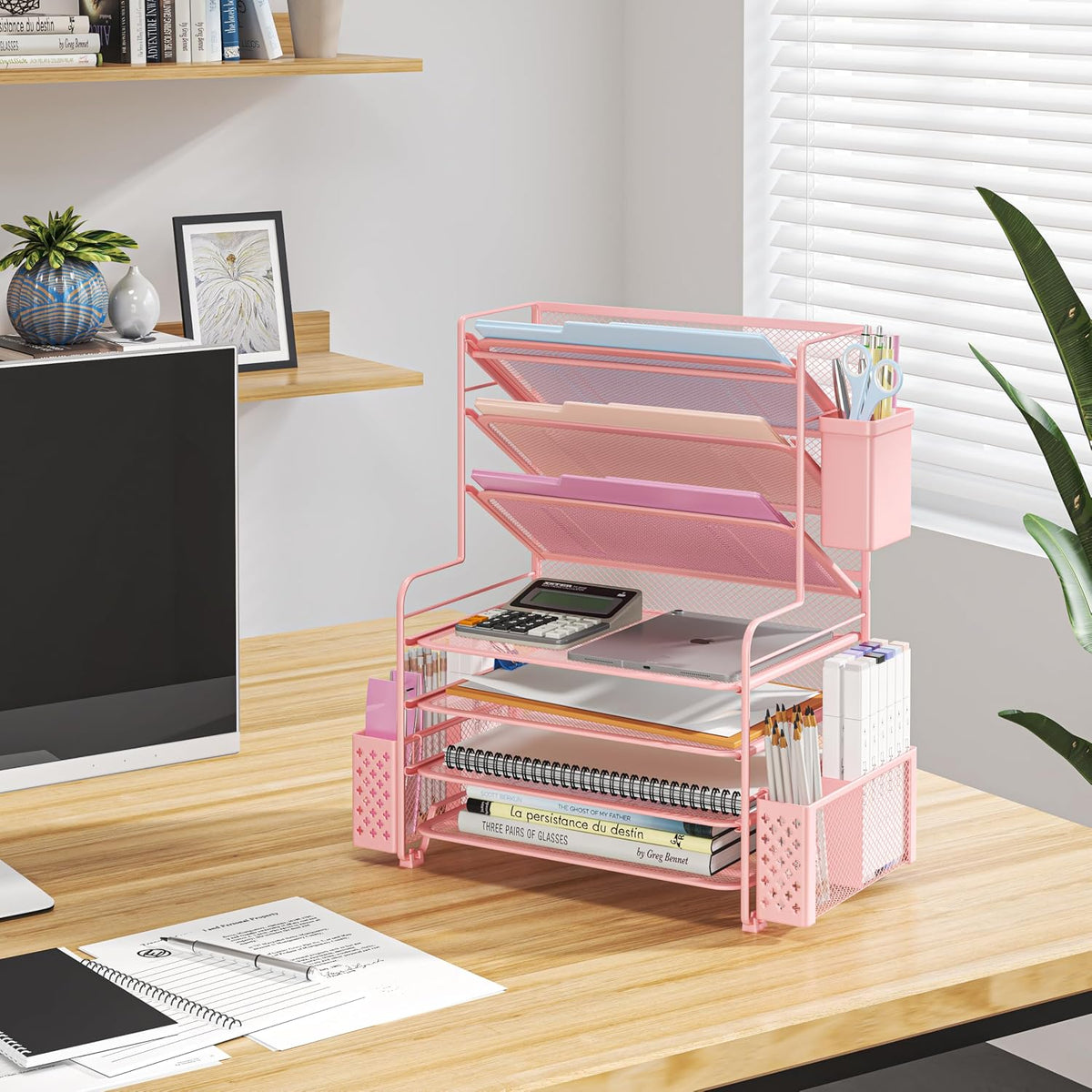 7 Tier Desk File Organizer, Letter Tray Paper Organizer with Pen Holder and Metal Hanging Basket, Pink