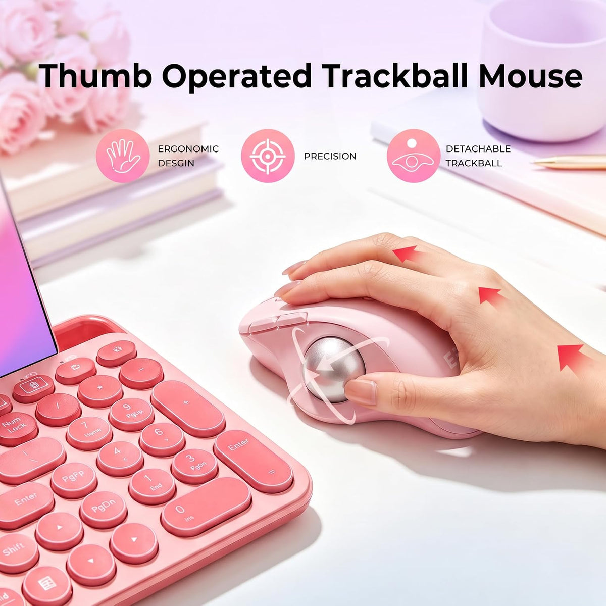 seenda Wireless Trackball Mouse, Ergonomic Bluetooth Rollerball,Rose Pink