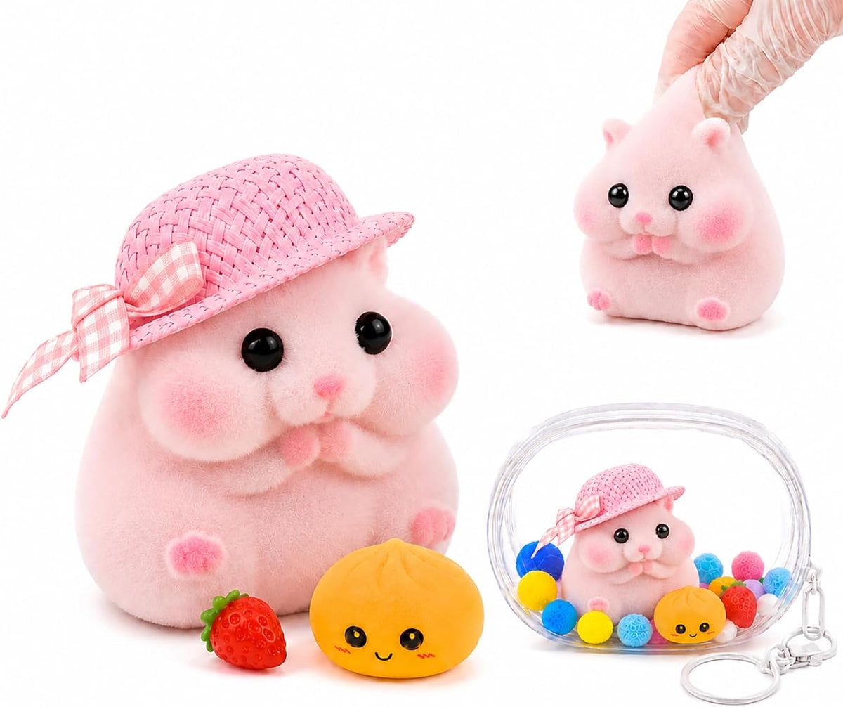 Handmade Taba Hamster Squishy Toy, Ultra-Soft Silicone Squeeze Sensory Fidget Toys, Cute Mochi Desk Decor for Stress Relief, Great Gift with Mini Strawberry & Hat Accessories (Pink)