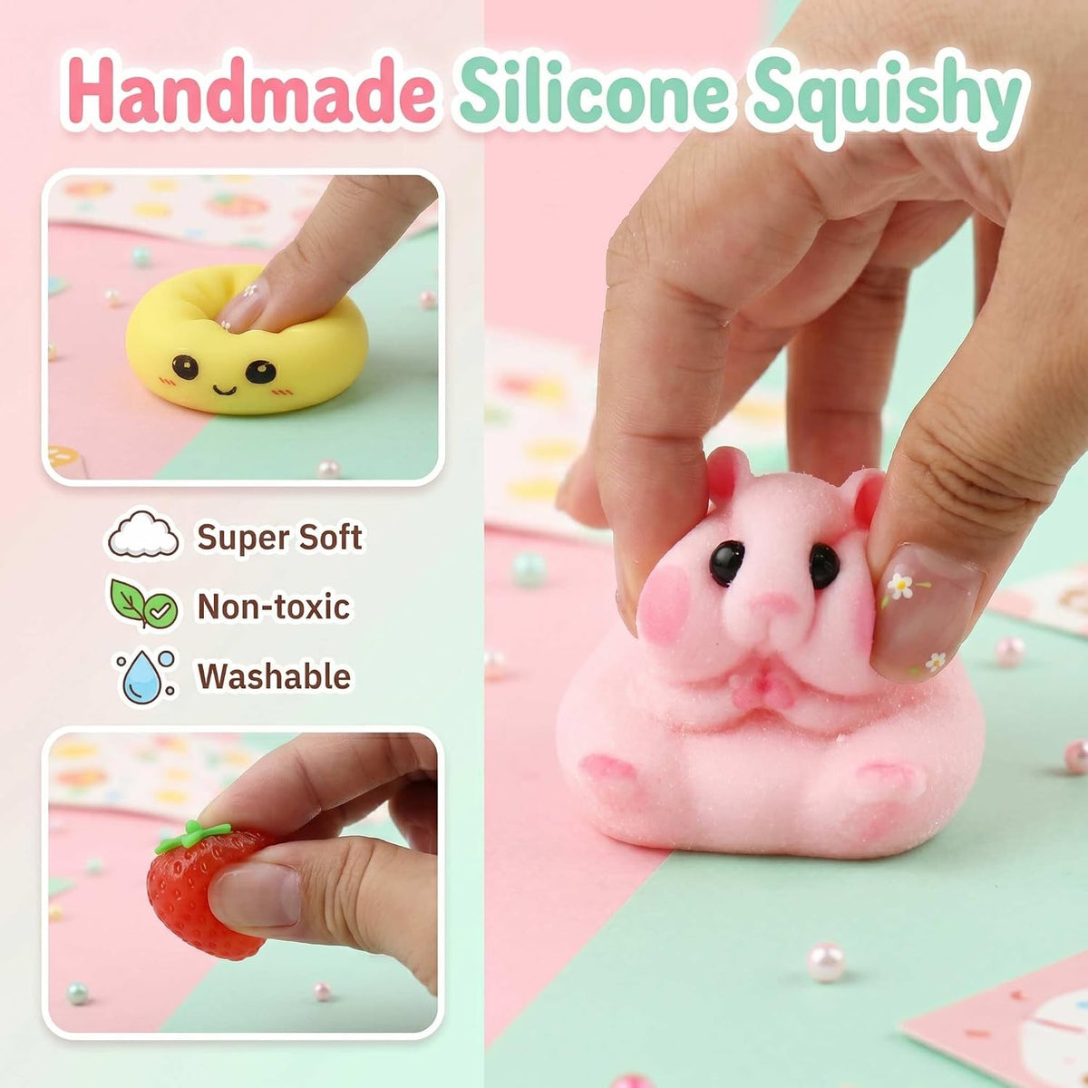 Handmade Taba Hamster Squishy Toy, Ultra-Soft Silicone Squeeze Sensory Fidget Toys, Cute Mochi Desk Decor for Stress Relief, Great Gift with Mini Strawberry & Hat Accessories (Pink)