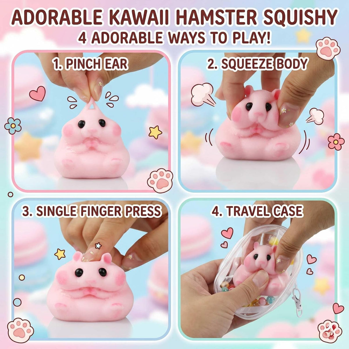 Handmade Taba Hamster Squishy Toy, Ultra-Soft Silicone Squeeze Sensory Fidget Toys, Cute Mochi Desk Decor for Stress Relief, Great Gift with Mini Strawberry & Hat Accessories (Pink)