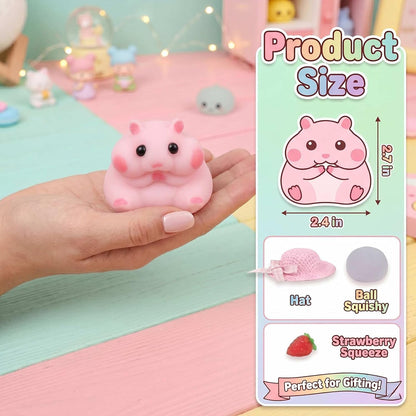 Handmade Taba Hamster Squishy Toy, Ultra-Soft Silicone Squeeze Sensory Fidget Toys, Cute Mochi Desk Decor for Stress Relief, Great Gift with Mini Strawberry & Hat Accessories (Pink)