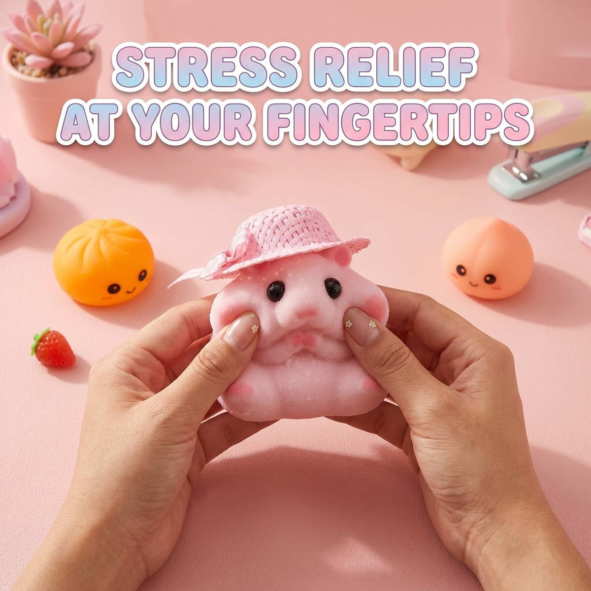 Handmade Taba Hamster Squishy Toy, Ultra-Soft Silicone Squeeze Sensory Fidget Toys, Cute Mochi Desk Decor for Stress Relief, Great Gift with Mini Strawberry & Hat Accessories (Pink)