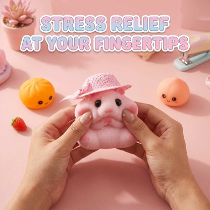 Handmade Taba Hamster Squishy Toy, Ultra-Soft Silicone Squeeze Sensory Fidget Toys, Cute Mochi Desk Decor for Stress Relief, Great Gift with Mini Strawberry & Hat Accessories (Pink)